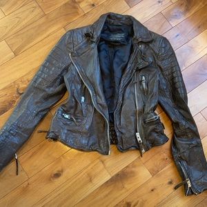 All Saints dark brown leather biker jacket
